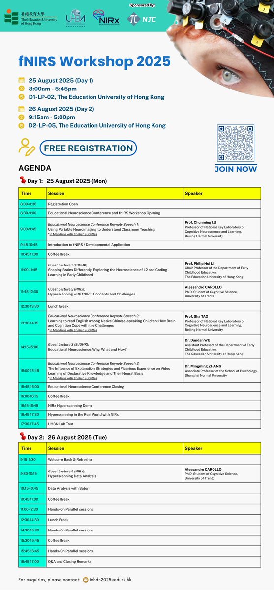 NIRx_NIRS's tweet image. Don't miss our exciting fNIRS workshop at The Education University of Hong Kong on August 25-26. Enjoy keynote speeches, special lectures, a hyperscanning demo, Satori data analysis, and interactive sessions. Register today: buff.ly/bXKF5h8 #fNIRS #Workshop