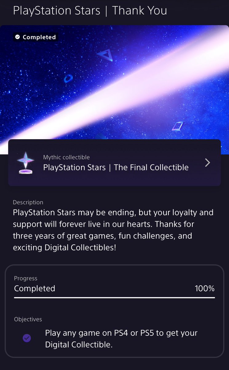 PSStarsInfo's tweet image. One final PlayStation Stars collectible is available to everyone now! Simply play any PS4 or PS5 game in the next 6 days to add this final mythic collectible to your display.
As for me; I’ll stick around for now but will make one last Stars post when the program ends in a week.