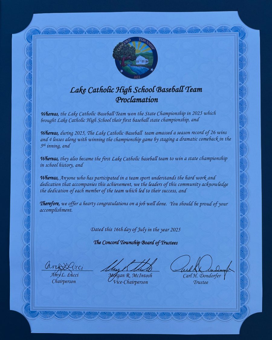 LCCougarBASE's tweet image. Thank you to the Concord Township Trustees for the proclamation honoring the 2025 State Championship Lake Catholic boys baseball team! @lccougarsad @lakecatholic
