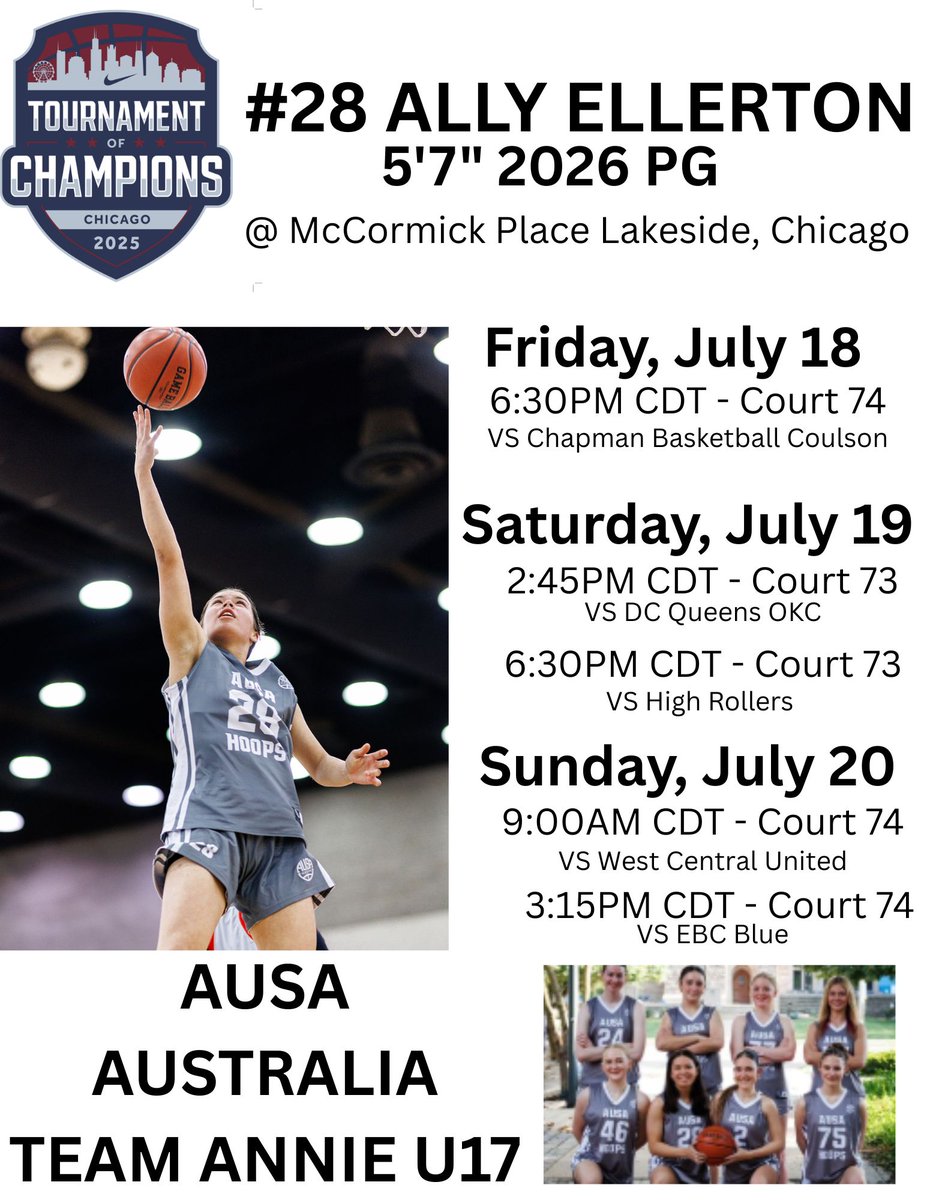 Ally Ellerton (@ally_ellerton) on Twitter photo Hey Coaches, here is my schedule for <a href="/niketoc/">Nike Tournament of Champions</a> in Chicago π₯
Come down and see me play!
<a href="/AUSA_Hoops_WBB/">AUSA Hoops WBB</a> Hey Coaches, here is my schedule for <a href="/niketoc/">Nike Tournament of Champions</a> in Chicago π₯
Come down and see me play!
<a href="/AUSA_Hoops_WBB/">AUSA Hoops WBB</a>