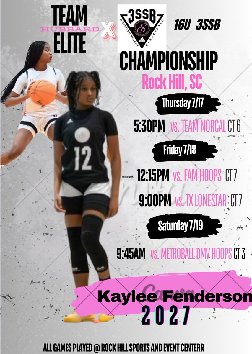 Kaylee A. Fenderson (@kk_fenderson) on Twitter photo It's that time...
Adidas Championship!
Rock Hill, SC
July 17th-July 21st
<a href="/3SSBGCircuit/">3Stripes Select Basketball Girls Circuit</a>
<a href="/HubbardCoach/">Team Elite Hubbard</a> It's that time...
Adidas Championship!
Rock Hill, SC
July 17th-July 21st
<a href="/3SSBGCircuit/">3Stripes Select Basketball Girls Circuit</a>
<a href="/HubbardCoach/">Team Elite Hubbard</a>