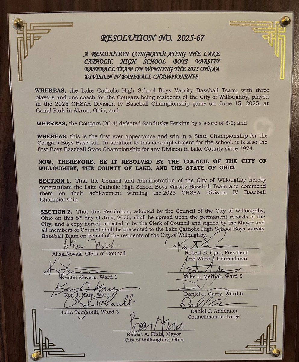 LCCougarBASE's tweet image. Thank you to Willoughby City Council for the proclamation honoring the 2025 State Championship Lake Catholic boys baseball team! @lccougarsad @lakecatholic