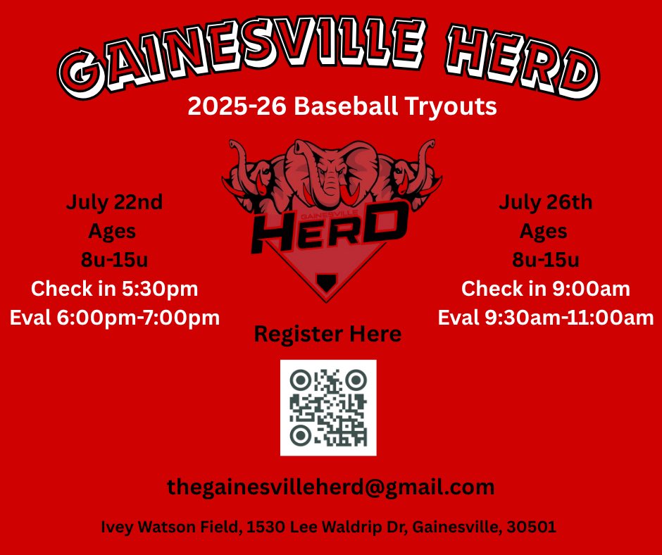 TWO MORE DATES LEFT FOR TRYOUTS! Sign up through the qr code! 

If for some reason you can’t make those dates dont hesitate to reach out about private tryouts! 

Looking forward to growing your sons love for the game along side developing their skills. Come out and join The Herd!