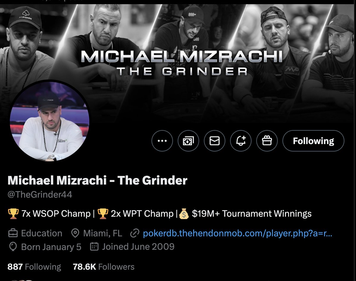 Maloney's tweet image. YO @TheGrinder44
gonna have to pump those numbers up
those are rookie numbers
8x WSOP champ
$29M in tournament winnings
Absolute legend
@WSOP