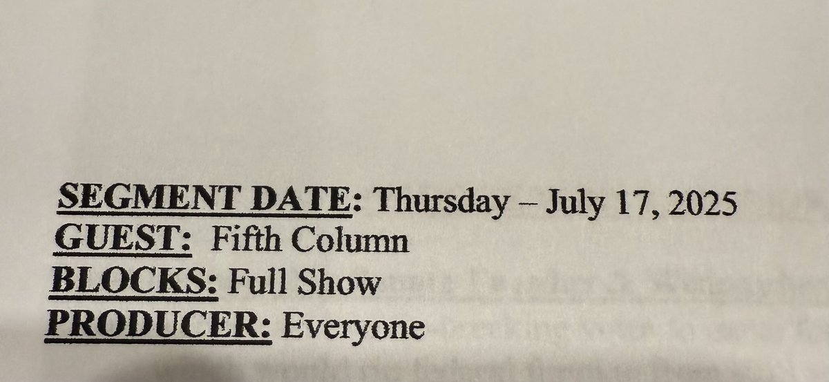 You know it’s going to be a good research packet from the team when the “Who produced this packet?” line reads “Everyone.”
  Thursday. 5th Column. It’s ON.
 <a href="/wethefifth/">The Fifth Column 🖐</a>⁩ ⁦<a href="/mcmoynihan/">Michael C Moynihan</a>⁩ ⁦<a href="/kmele/">Kmele 🖐</a>⁩ ⁦<a href="/MattWelch/">Matt Welch</a>⁩