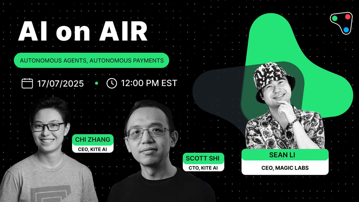 GoKiteAI's tweet image. Join us for another episode of our (newly renamed) podcast.
Our founders @ChiZhangData and @scottshics will be sitting down with @_seanli - CEO @MagicNewton and @magic_labs to explore the future of agentic finance and AI-powered payments.
📍 Live on Kite AI's X
📅 17 July
🕐…