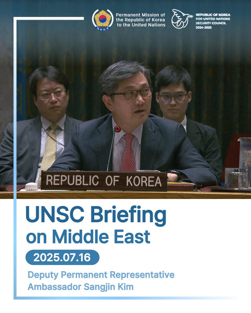 #MiddleEast
(#UNSC Briefing, 2025.07.16.)

“We thus call on Israel to fully cooperate with the #UN to expand the unimpeded entry and delivery of #humanitarian aid in #Gaza at scale, through the UN's well-established and trusted delivery mechanism.”

“Thus, we reiterate our firm