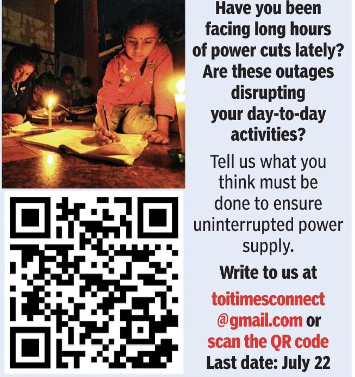 TOI Hyderabad (@toihyderabad) on Twitter photo Have you been facing long hours of power cuts lately? Are these outages disrupting your day-to-day activities? Tell us what you think must be done to ensure uninterrupted power supply. Write to us at toi.timesconnect@gmail.com. Last date: July 22 <a href="/timesofindia/">The Times Of India</a> <a href="/TOICitiesNews/">TOI Cities</a> Have you been facing long hours of power cuts lately? Are these outages disrupting your day-to-day activities? Tell us what you think must be done to ensure uninterrupted power supply. Write to us at toi.timesconnect@gmail.com. Last date: July 22 <a href="/timesofindia/">The Times Of India</a> <a href="/TOICitiesNews/">TOI Cities</a>