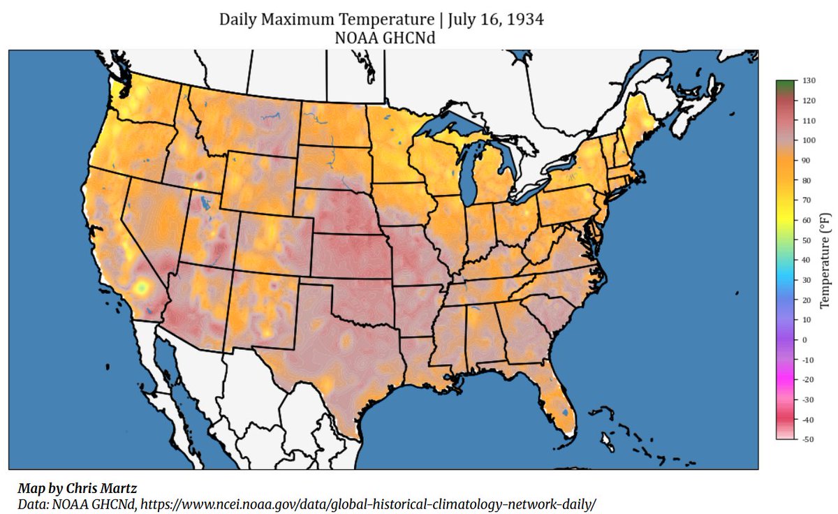 ChrisMartzWX's tweet image. On this date in 1934, 45 states were ≥90°F. Of those, 31 recorded temperatures ≥100°F. 🌡️

By state, it was:

• 100° in Alabama, Idaho, Ohio and Wyoming
• 101° in North Carolina and Tennessee
• 102° in Indiana and West Virginia
• 103° in Georgia, Mississippi, Montana and…