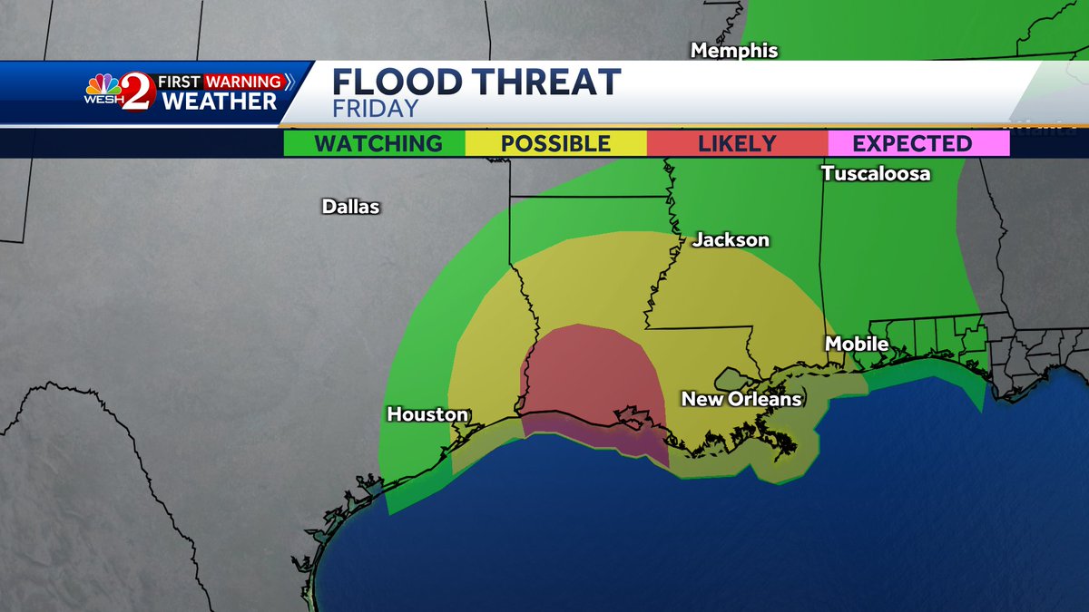 TMainolfiWESH's tweet image. Flood threat is looking likely for a good part of #Louisiana Thursday into Friday as #invest93 moves in. Stay with #WESHwx for updates.