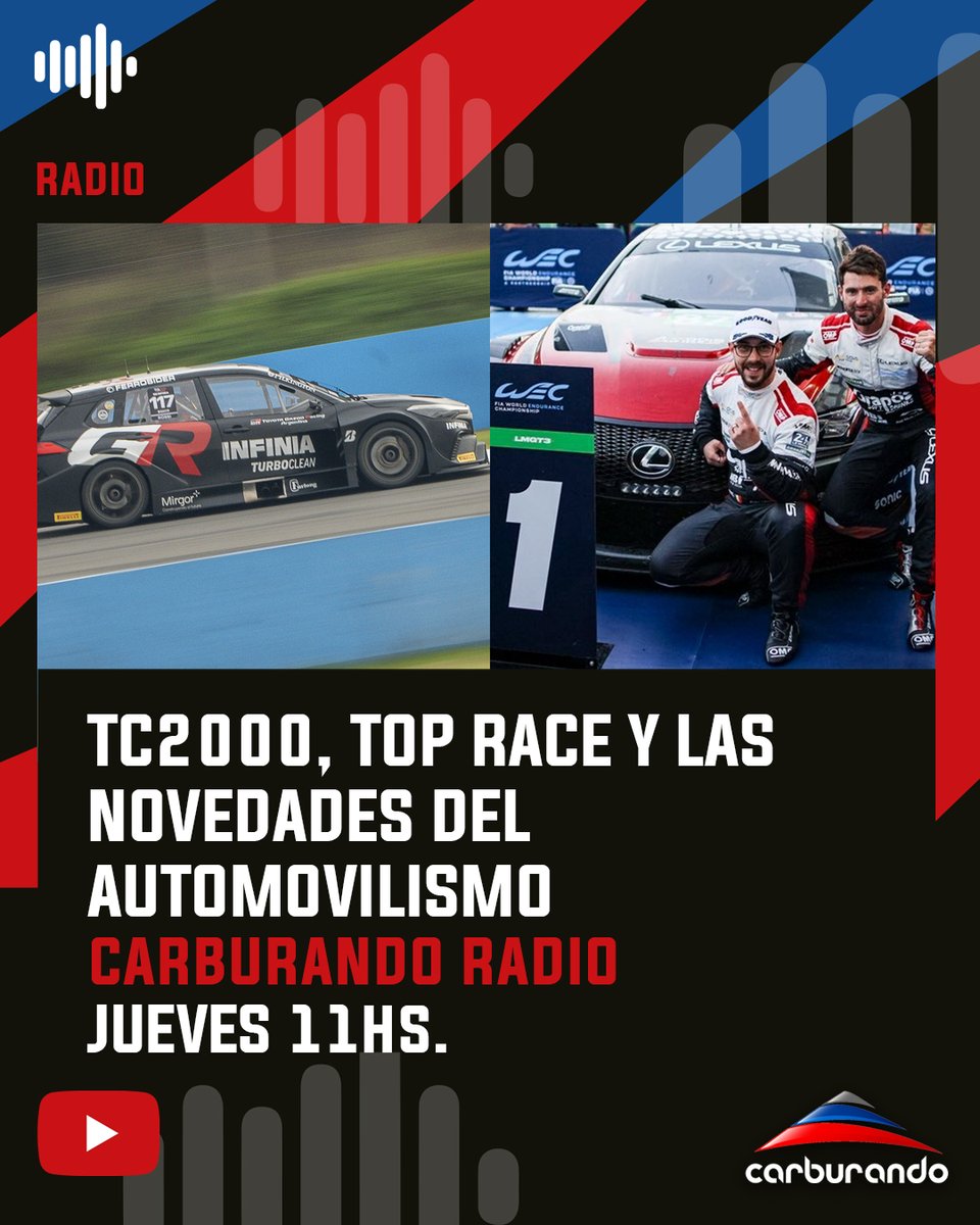CarburandoTV's tweet image. Jueves en #CarburandoRadio con todas las novedades del automovilismo nacional e internacional.

Desde las 11hs por YouTube:
youtube.com/live/ZZiZ7TrIb…