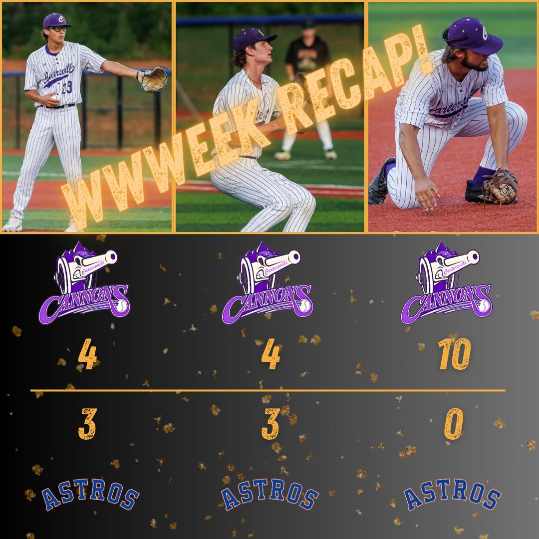 Cartersvil62046's tweet image. The Cannons take the week from the Atlanta Astros with scores of 4-3, 4-3, and 10-0! GO CANNONS!