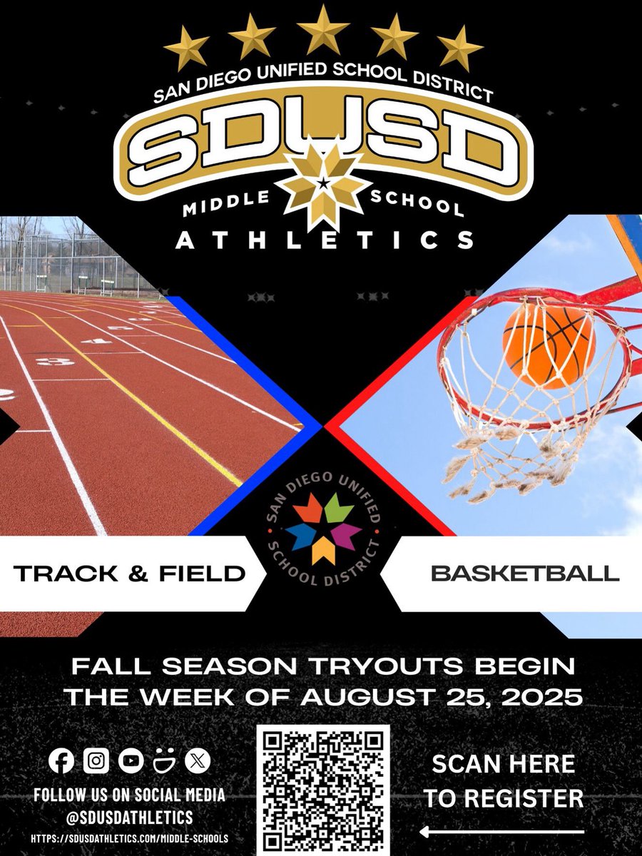 🏀🏃‍♀️ SDUSD Middle School Athletics is BACK!
Tryouts for Track &amp; Field &amp; Basketball start the week of August 25, 2025!
Scan the QR code or register now 👉 sdusdathletics.com/middle-schools
Let’s get it! 💪 #SDUSDathletics #YouthSports #FallTryout