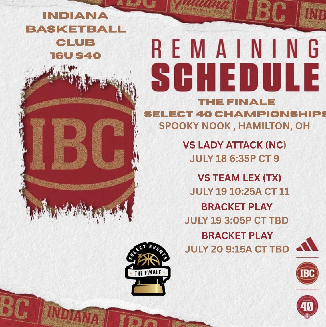 Indiana Basketball Club 16U S40 (@ibc16us40) on Twitter photo Last stop of the season, the <a href="/SelectEventsBB/">Select Events Basketball</a> The Finale at Spooky Nook Hamilton, OH!! It is the Select 40 Championships, we are depleted with injuries, but this group has a lot of grit and will absolutely go to battle!! <a href="/IBCWBB/">Indiana Basketball Club</a> Last stop of the season, the <a href="/SelectEventsBB/">Select Events Basketball</a> The Finale at Spooky Nook Hamilton, OH!! It is the Select 40 Championships, we are depleted with injuries, but this group has a lot of grit and will absolutely go to battle!! <a href="/IBCWBB/">Indiana Basketball Club</a>
