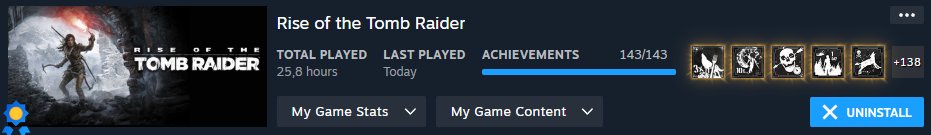100% Steam Rise of the Tomb Rider
(Los logros del os desafios son muchossss y dan pereza jajaja)