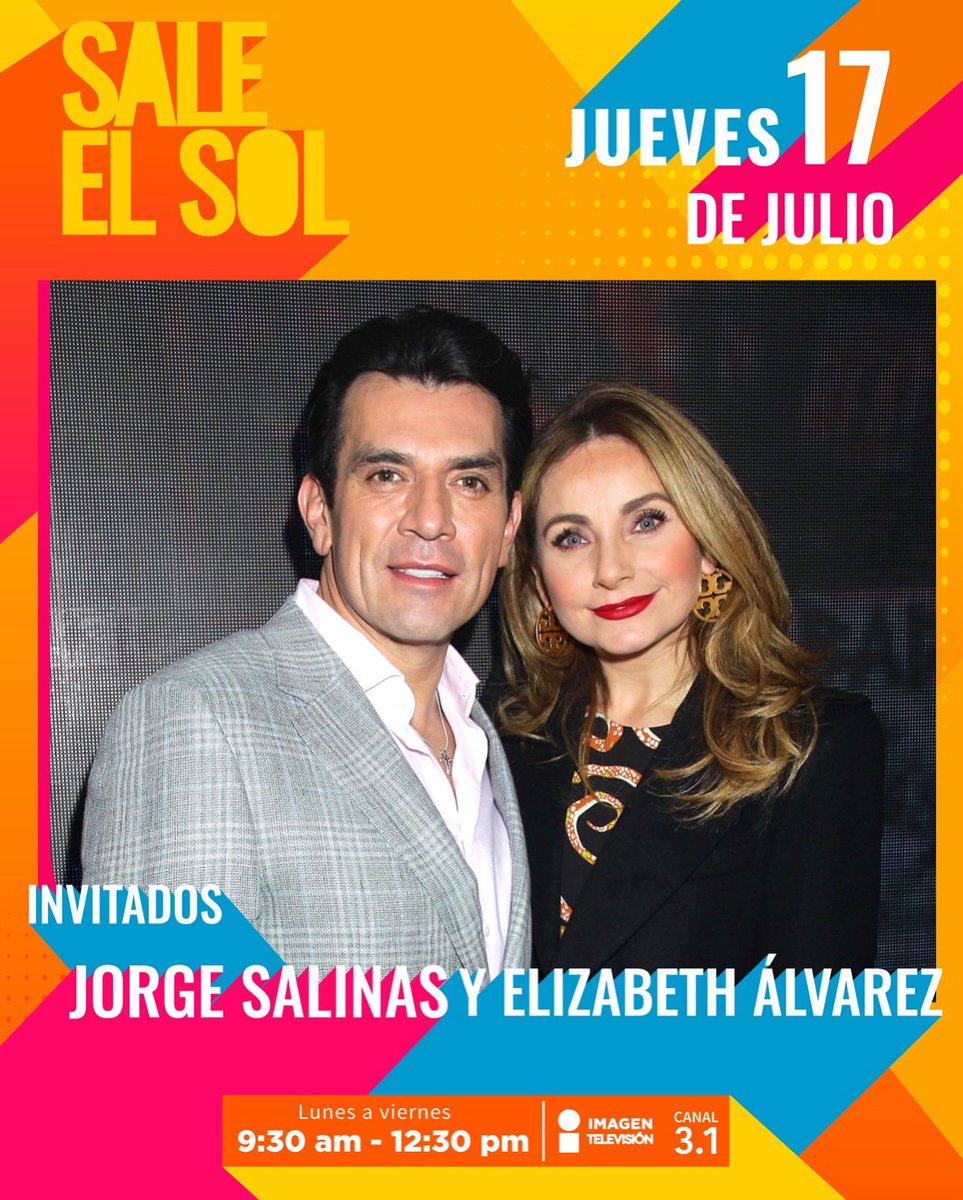 Sale el Sol ☀️ (@saleelsoltv) on Twitter photo ¡Los actores <a href="/cuquitaoficial/">Elizabeth Alvarez</a> y <a href="/salinasjorgemx/">Jorge Salinas</a> nos visitan este jueves en #SaleElSol! 🤩🕺🏻💃🏻
¡No te los pierdas mañana a las 9:30 a.m. por @imagentvmex! ☀️📺 ¡Los actores <a href="/cuquitaoficial/">Elizabeth Alvarez</a> y <a href="/salinasjorgemx/">Jorge Salinas</a> nos visitan este jueves en #SaleElSol! 🤩🕺🏻💃🏻
¡No te los pierdas mañana a las 9:30 a.m. por @imagentvmex! ☀️📺