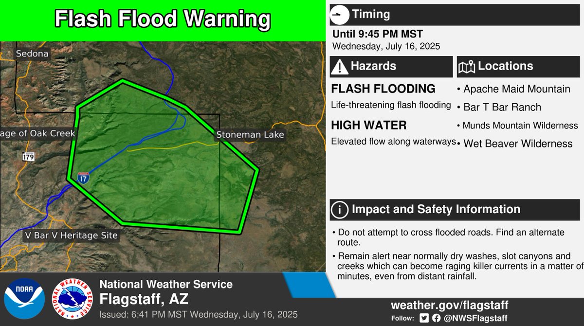NWSFlagstaff's tweet image. ⚠️ Flash Flood Warning ⚠️ in effect until 9:45 PM MST for portions I-17 between mile marker 302 and 312
This includes Apache Maid Mountain, Bar T Bar Ranch, Munds Mountain Wilderness, and Wet Beaver Wilderness. More info: weather.gov/fgz/wwa?wfo=KF…. #azwx