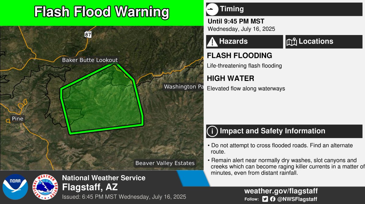 NWSFlagstaff's tweet image. ⚠️ Flash Flood Warning ⚠️ in effect until 9:45 PM MST for areas east of Pine across the West Burn Scar.
This includes mainly rural areas of Gila and Coconino Counties. More info: weather.gov/fgz/wwa?wfo=KF…. #azwx