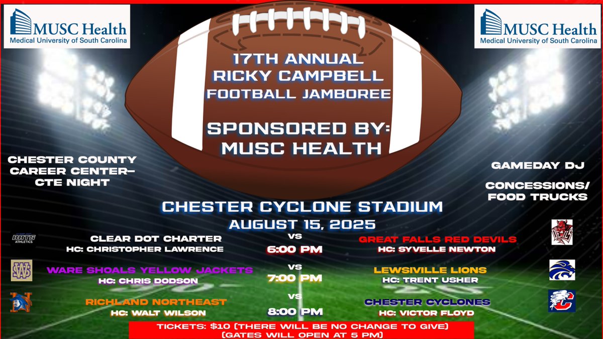 Chester Cyclones Athletic Department (@chscyclonesad) on Twitter photo 📷📷 It’s That Time Again, Cyclone Nation! 📷📷 LET THE COUNTDOWN BEGIN! We Are Officially 30 Days Away! We are proud to announce the 17th Annual Ricky Campbell Football Jamboree, Sponsored By MUSC Health <a href="/Chester_FB/">ChesterCyclonesFB</a> <a href="/CoachCaldwell27/">Coach Caldwell</a> <a href="/CoachVfloyd/">Victor Floyd</a> <a href="/CHSFBRecruits/">Chester High School Football Recruiting (SC)</a> <a href="/ChesterHoops/">Chesterhoops</a> 📷📷 It’s That Time Again, Cyclone Nation! 📷📷 LET THE COUNTDOWN BEGIN! We Are Officially 30 Days Away! We are proud to announce the 17th Annual Ricky Campbell Football Jamboree, Sponsored By MUSC Health <a href="/Chester_FB/">ChesterCyclonesFB</a> <a href="/CoachCaldwell27/">Coach Caldwell</a> <a href="/CoachVfloyd/">Victor Floyd</a> <a href="/CHSFBRecruits/">Chester High School Football Recruiting (SC)</a> <a href="/ChesterHoops/">Chesterhoops</a>