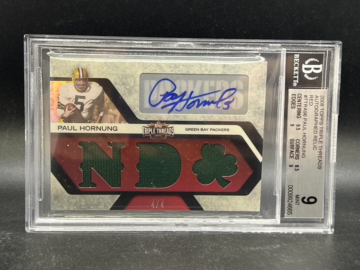 #NOHOLDSALE🐻 

$150

PAUL HORNUNG TRIPLE THREADS PATCH AUTO /4 BGS 9

Hard to find his stuff out there 
Tough grade as well

Reposts and Tags Appreciated 🤝