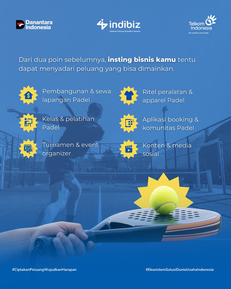 Olahraga baru, tren baru, cuan juga harusnya ikut baru ! 
Apalagi, Padel sudah resmi punya wadah nasional (PBPI) dan digadang-gadang masuk SEA Games 2025 

Yuk kulik tren bisnis Padel bareng IndibizJBN 📣 

#indibiz #indibizJBN #CiptakanPeluangWujudkanHarapan