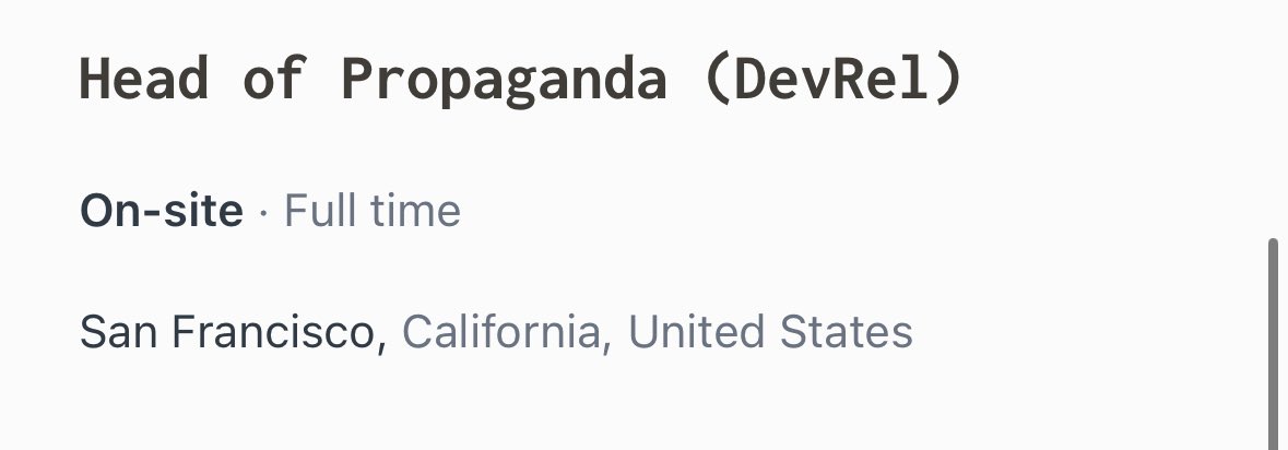 aadeexyz's tweet image. i was scrolling through @bunjavascript’s job postings and i saw this.
i feel every company should change the devrel position to this