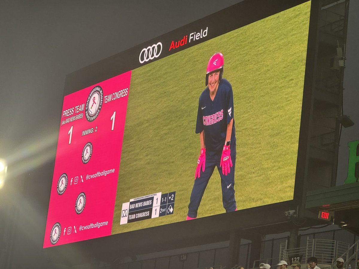 RepKimSchrier's tweet image. Big win for team Congress at this year’s @CWSoftballGame! Proud to have joined my colleagues and members of the press to raise money for @YSCBuzz, a non-profit that supports young adults impacted by breast cancer. Better luck next year, #BadNewsBabes!