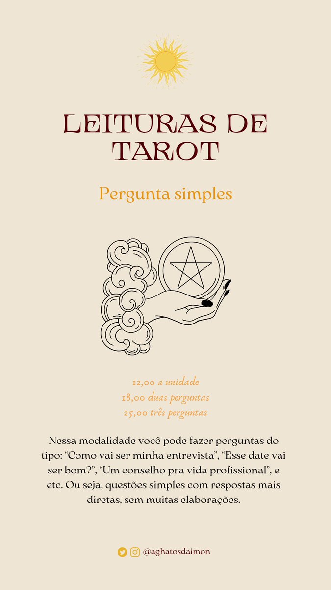 theseabells's tweet photo. 🔮✨ MEUS SERVIÇOS ORACULARES 🔮✨

Com o tarô, você consegue explorar as possibilidades de uma questão, uma área da vida ou mesmo várias, te ajudando a tomar decisões mais conscientes ⬇️ https://t.co/fs1SHEQt1r
