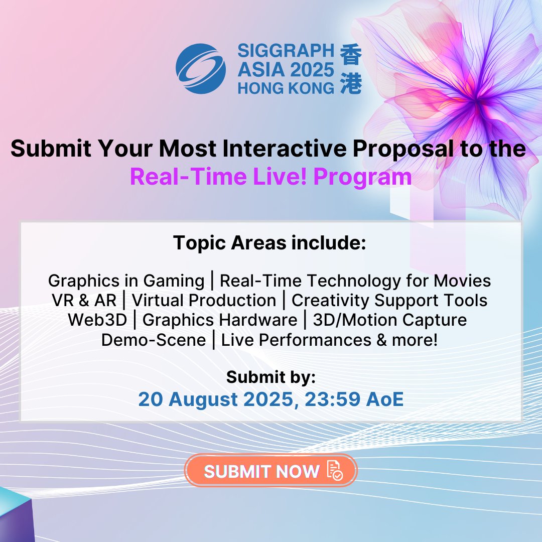 SIGGRAPHAsia's tweet image. 🎤 Got cutting-edge real-time tech to show?
Demo it live at #SIGGRAPHAsia2025 Real-Time Live!
Games, film, XR, ML, live visuals & more — 6 mins, 1 stage, global crowd.
🗓️ Submit by 20 Aug 2025, 23:59 AoE
👉 bit.ly/sa25-submissio…
#SARTL #InteractiveTech #VR #GamingGraphics