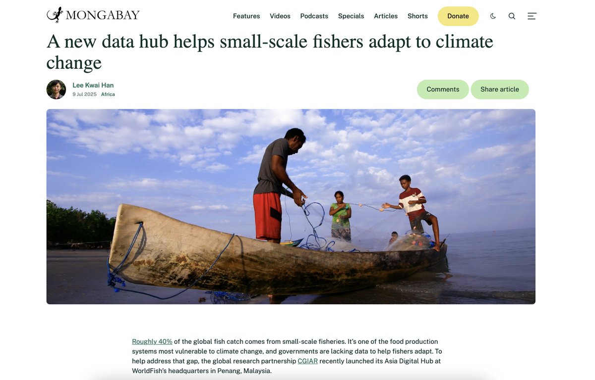 WorldFishCenter's tweet image. 💡40%~ of the world’s #aquaticfoods comes from #smallscalefisheries, yet it's often overlooked in data and policy.
The @CGIAR Asia Digital Hub was launched at WorldFish HQ to co-create and scale solutions for #foodsystems transformation: tinyurl.com/WFNews2507e
@MongabayOrg