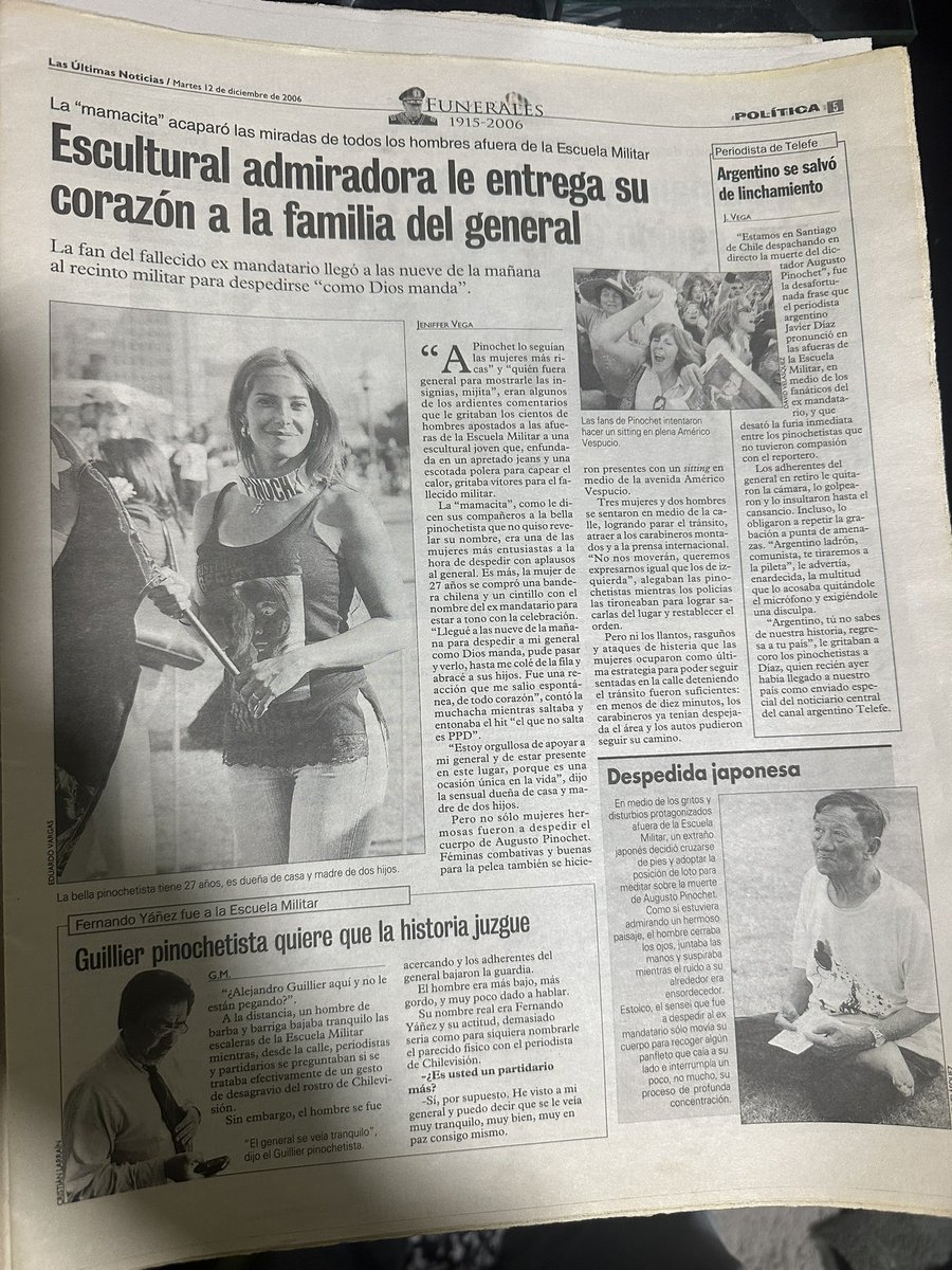 nd_locutor's tweet image. Leyendo archivos de prensa encontré esta nota de #LUN con una guapa mujer que fue a despedir al General #Pinochet para su velorio en la Escuela Militar. No dio su nombre pero se parece mucho a la Rosario Bravo, será ella ? #comoestanlosweones 👀.