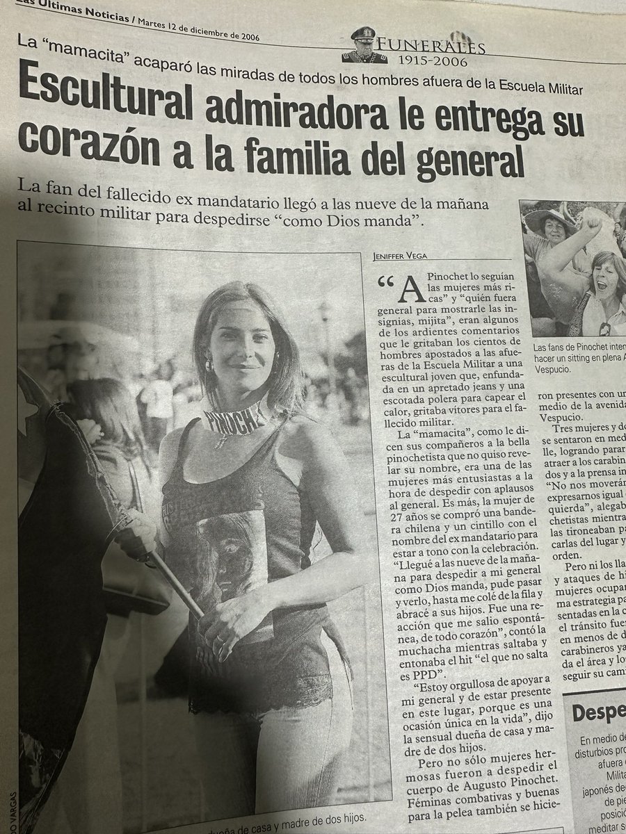 nd_locutor's tweet image. Leyendo archivos de prensa encontré esta nota de #LUN con una guapa mujer que fue a despedir al General #Pinochet para su velorio en la Escuela Militar. No dio su nombre pero se parece mucho a la Rosario Bravo, será ella ? #comoestanlosweones 👀.