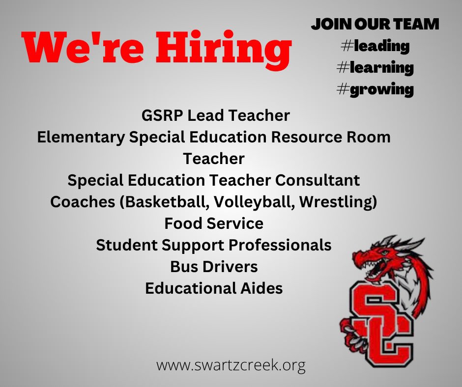 🚨 We’re Hiring! 🚨
Come join the Dragon team! Swartz Creek Community Schools is currently seeking passionate, dedicated individuals to help us lead, learn, and grow.
If you’re ready to make a difference, apply today!
👉 jobs.redroverk12.com/org/SCCS
#NowHiring #LeadingLearningGrowing