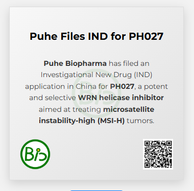 CNBioXYZ's tweet photo. Puhe Biopharma Submits IND Application in China for WRN Inhibitor PH027 Targeting MSI-H Tumors. $NVS $GSK $RHHBY https://t.co/KPopJ8e6Sa