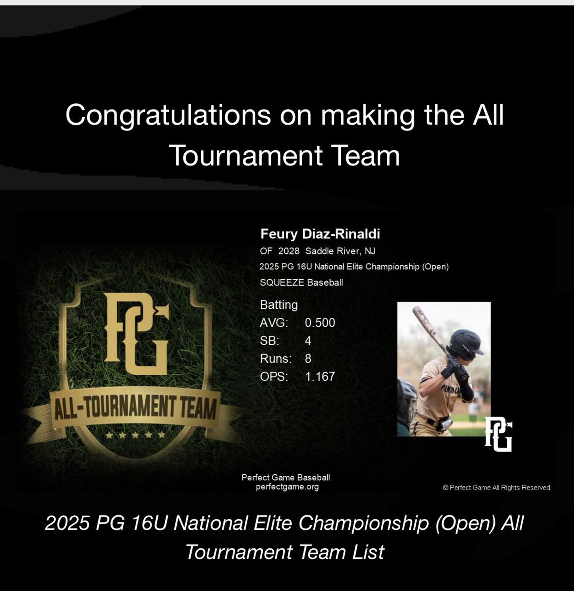 Feury Diaz-Rinaldi (@feurydiaz) on Twitter photo Proud to make the all tournament team for PG 16u National Elite Championship in Hoover Alabama.
Played up a year
Class of 2028
<a href="/ParamusCathBSB/">Paramus Catholic High School Baseball โ๏ธโพ๏ธ</a> <a href="/SQZBaseball/">Southern Squeeze Baseball</a>
#multisportathlete Proud to make the all tournament team for PG 16u National Elite Championship in Hoover Alabama.
Played up a year
Class of 2028
<a href="/ParamusCathBSB/">Paramus Catholic High School Baseball โ๏ธโพ๏ธ</a> <a href="/SQZBaseball/">Southern Squeeze Baseball</a>
#multisportathlete
