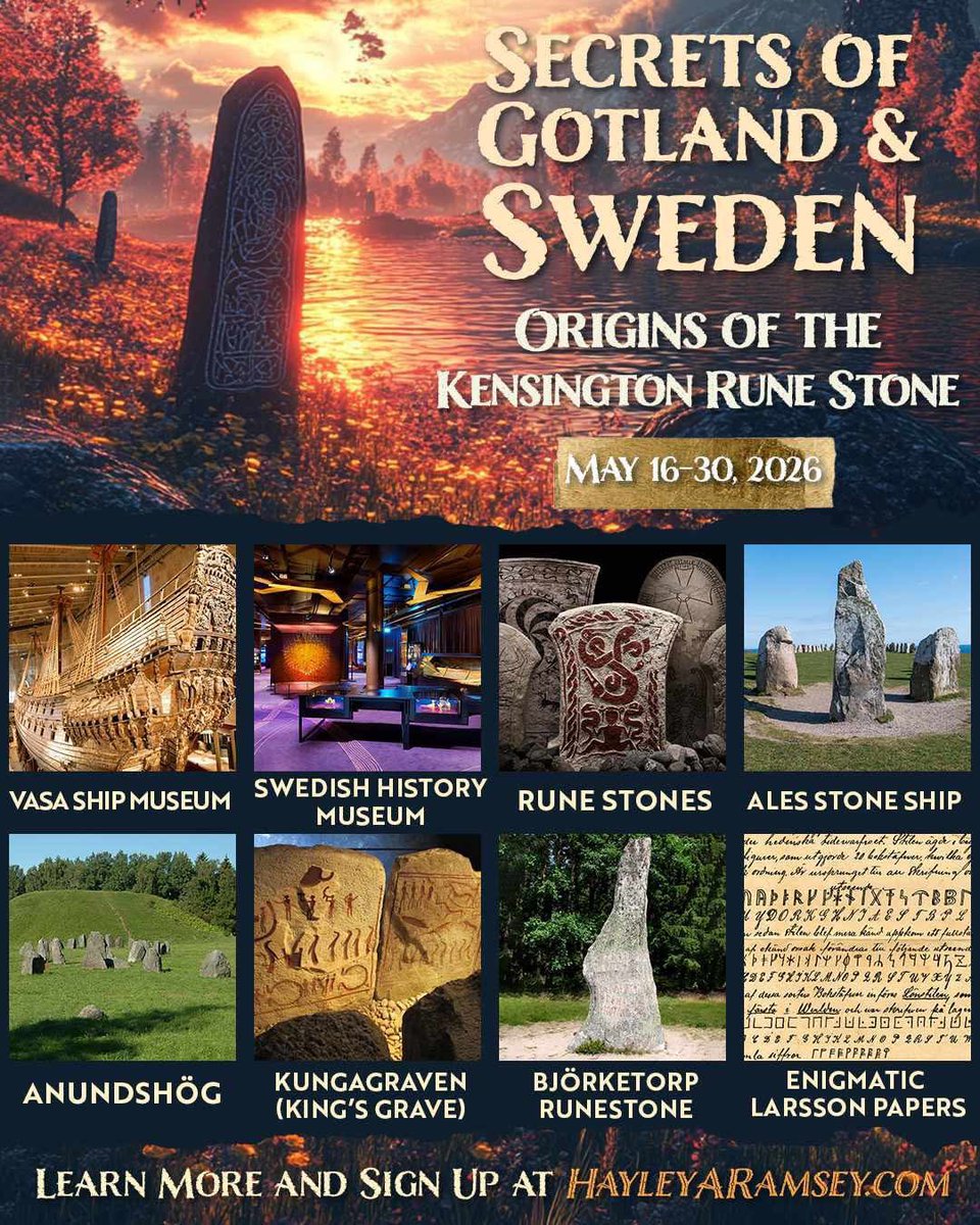 hayleyaramsey's tweet image. Join geologist @RealScottWolter of America Unearthed and I in May 2026 for an unforgettable journey through Sweden 🇸🇪
We’ll explore ancient Viking burials, megalithic mysteries, & the trail of the Kensington Rune Stone—all while enjoying Michelin-star dining & 5⭐ bespoke…