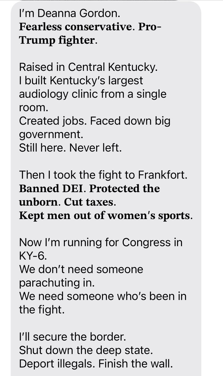 _AustinHorn's tweet image. GOP Rep. Deanna Gordon, who's running for Andy Barr's #KY06 seat, sent out this mass text tonight.
"We don't need someone parachuting in."
Feels like a reference to former Sen. Ralph Alvarado, who left his post as TN health commissioner & is considering a run.