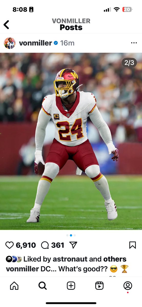 mikeklis9news's tweet image. Von going former teammate Champ’s number in Washington per his Instagram post.