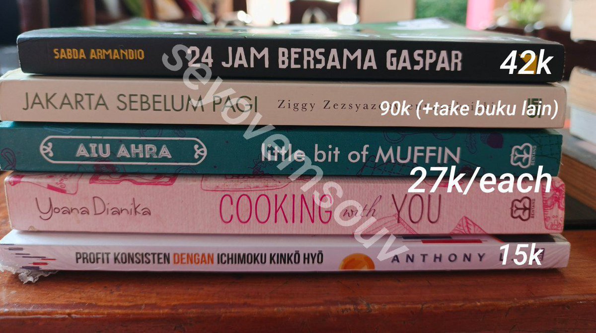 seyovemsouv's tweet image. rt/like are appreciated — wts preloved/sealed book

dom bogor, bisa oren (exc. admin), detail condi dm

24 jam bersama gaspar 
jakarta sebelum pagi (cover lama + ttd)
little bit of muffin
cooking with you
profit konsisten ichimoku kinko hyo (sealed)
cinta abnormal 
hans

cont.