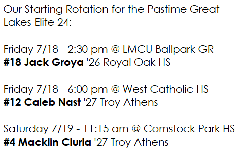 South Oakland A's 16u - McMullen (@soa16umcmullen) on Twitter photo Our schedule and starting rotation for the Pastime Great Lakes Elite 24!
<a href="/jackgroya/">Jack Groya</a>
<a href="/CalebNast12/">Caleb Nast</a>
<a href="/MacklinCiurla/">Macklin Ciurla</a>
<a href="/PastimeBaseball/">Pastime Tournaments</a>
<a href="/SOABaseball1/">South Oakland A’s Baseball</a>
<a href="/BUncommitted/">Baseball_Uncommitted</a>
#GoAs Our schedule and starting rotation for the Pastime Great Lakes Elite 24!
<a href="/jackgroya/">Jack Groya</a>
<a href="/CalebNast12/">Caleb Nast</a>
<a href="/MacklinCiurla/">Macklin Ciurla</a>
<a href="/PastimeBaseball/">Pastime Tournaments</a>
<a href="/SOABaseball1/">South Oakland A’s Baseball</a>
<a href="/BUncommitted/">Baseball_Uncommitted</a>
#GoAs