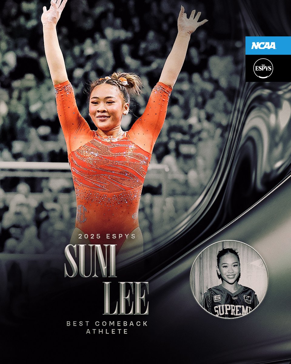 NCAA (@ncaa) on Twitter photo 🤸 <a href="/sunisalee_/">Sunisa lee</a> came back with a bang 💥
The <a href="/NCAA_Gymnastics/">NCAA Women’s Gymnastics</a> star takes home the <a href="/ESPYS/">ESPYS</a> Best Comeback Athlete award!
#OlympiansMadeHere x <a href="/AuburnGym/">Auburn Gymnastics</a> 🤸 <a href="/sunisalee_/">Sunisa lee</a> came back with a bang 💥
The <a href="/NCAA_Gymnastics/">NCAA Women’s Gymnastics</a> star takes home the <a href="/ESPYS/">ESPYS</a> Best Comeback Athlete award!
#OlympiansMadeHere x <a href="/AuburnGym/">Auburn Gymnastics</a>