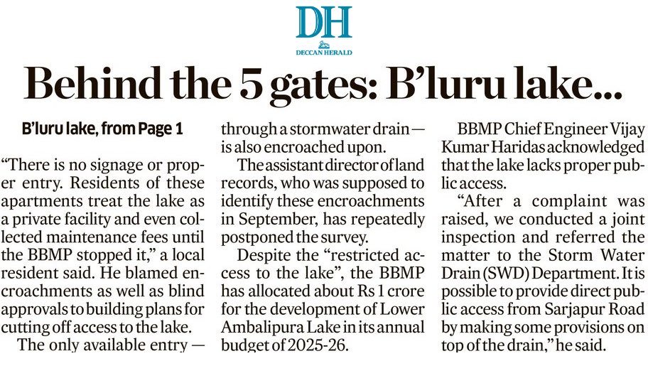 Lower Ambalipura Lake in Harlur is a treasure trove of birdlife, surrounded by trees &amp; nature

But reaching it is no easy task — the lake  hides behind five gated apartment complexes, cutting it off from the public view

Now, residents want the BBMP to create a common access
