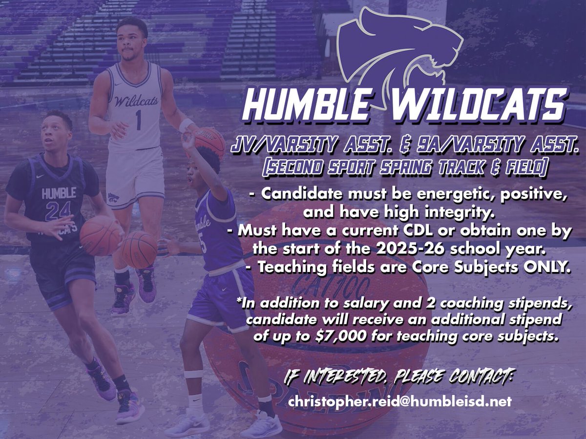 CoachCReid's tweet image. Humble HS is seeking a JV/Varsity Assistant as well as a 9A/Varsity Assistant. Our previous assistant coaches both leveled-up to head coaching positions. Teaching fields are Social Studies, Math, Science, or English. If interested, please contact Chris Reid ASAP at…