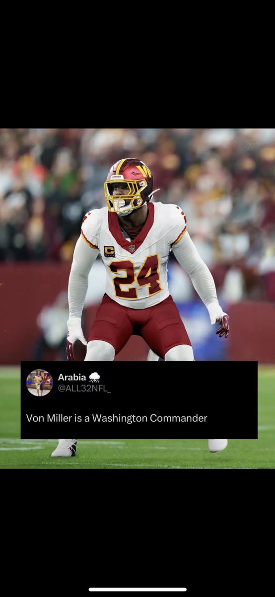 ALL32NFL_'s tweet image. The Washington Commanders sign 8 time pro-bowler Von Miller. The LB won Super Bowls with the Broncos and the Rams (Super Bowl 50 MVP). This news comes amid extension controversy with WR Terry McLaurin.