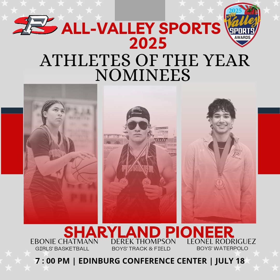 sharylandath's tweet image. Congratulations to the following Sharyland Pioneer athletes on their Athlete of the Year nominations! 

Ebonie Chatmann, Girls Basketball 

Derek Thompson, Track &amp;amp; FIELD

Leonel Rodriguez, Waterpolo