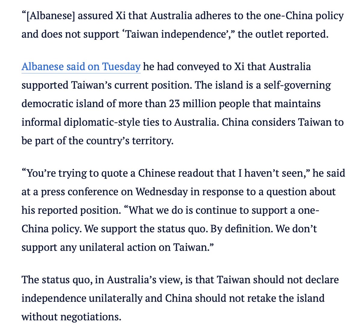 mhar4's tweet image. "The status quo, in Australia’s view, is that Taiwan should not declare independence unilaterally and China should not retake the island without negotiations."
From @paulsakkal on @AlboMP's visit to China.
That's not really the "status quo", though.
smh.com.au/politics/feder…