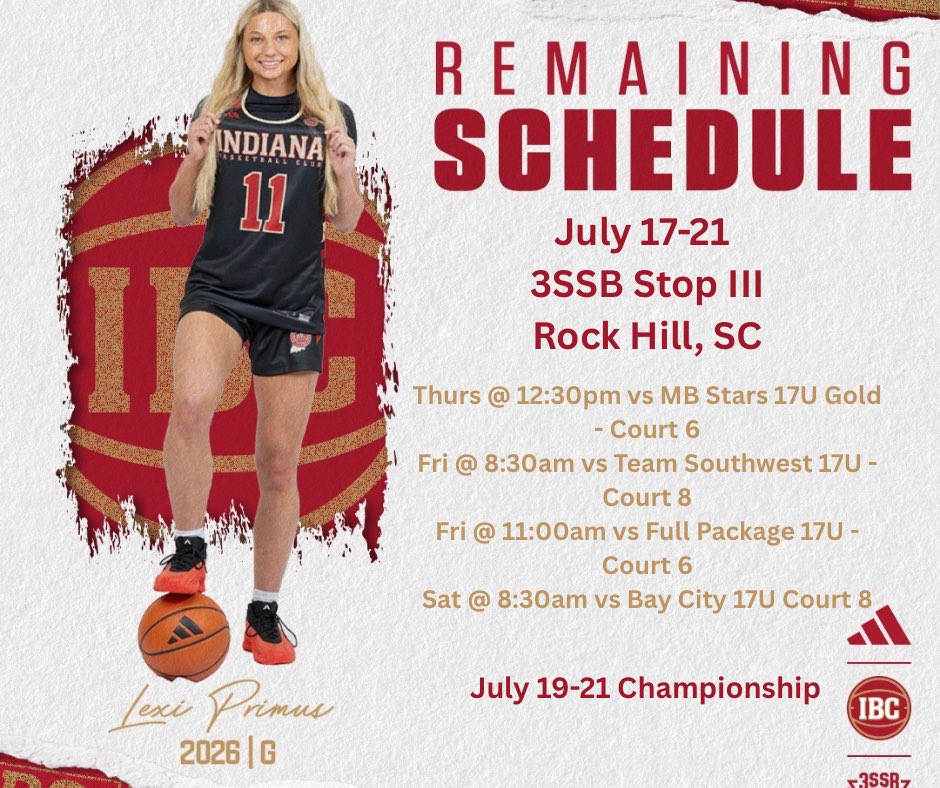 Lexi Primus (@lexi_primus) on Twitter photo Remaining schedule for the <a href="/3SSBCircuit/">3Stripes Select Basketball</a> Championship 🏀
<a href="/IBC17U3SSB/">Indiana Basketball Club 17U 3SSB</a> <a href="/IBCWBB/">Indiana Basketball Club</a>
Final Stop Remaining schedule for the <a href="/3SSBCircuit/">3Stripes Select Basketball</a> Championship 🏀
<a href="/IBC17U3SSB/">Indiana Basketball Club 17U 3SSB</a> <a href="/IBCWBB/">Indiana Basketball Club</a>
Final Stop