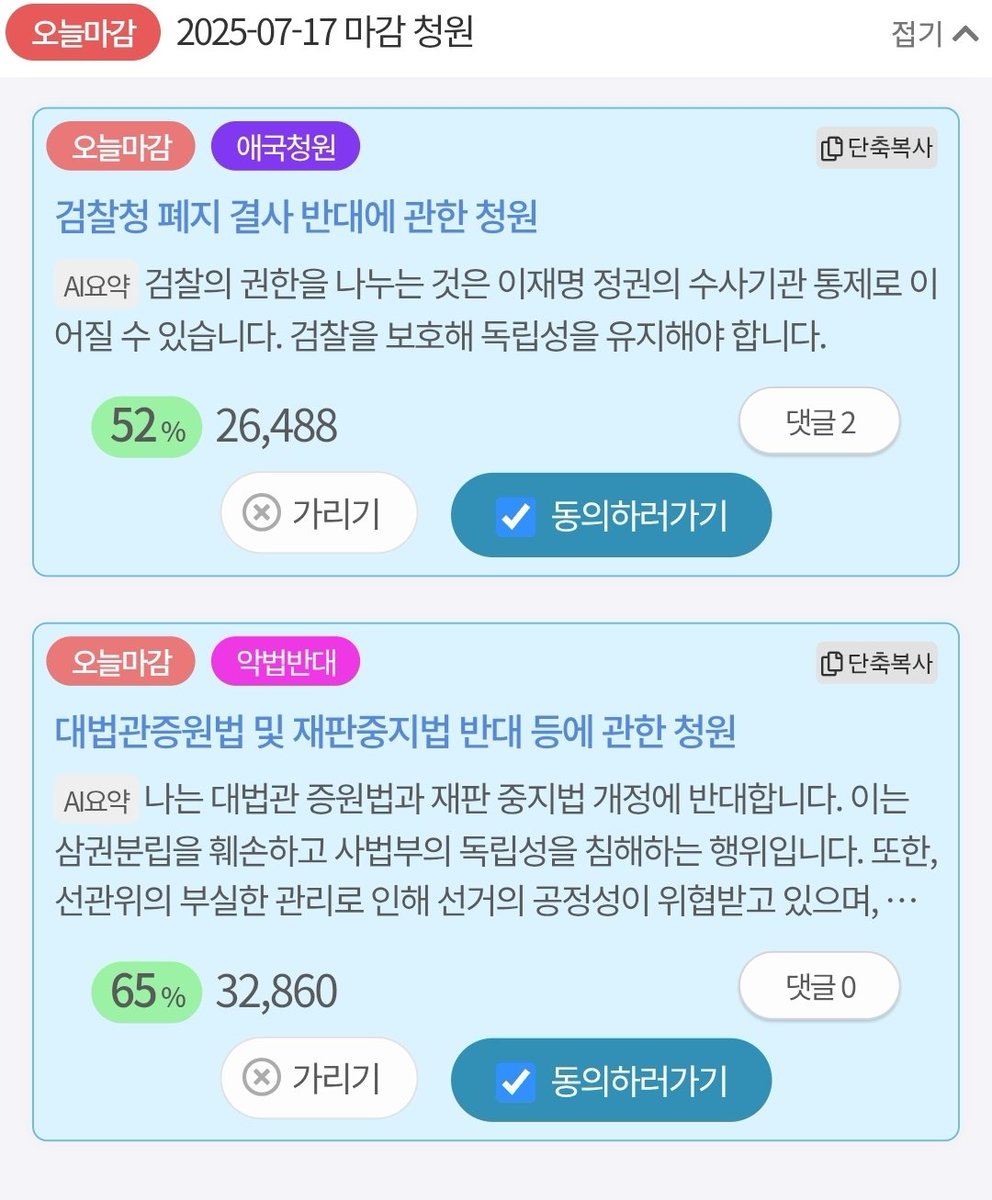 SangHoon4785's tweet image. 손가락이 뿌러져도 이건 해야된다고 본다!

검찰청 폐지 결사 반대에 관한 청원
2025-07-17까지 현재 52%
vforkorea.com/wink/173490
대법관증원법 및 재판중지법 반대 등에 관한 청원
2025-07-17까지 현재 65%
vforkorea.com/wink/173491