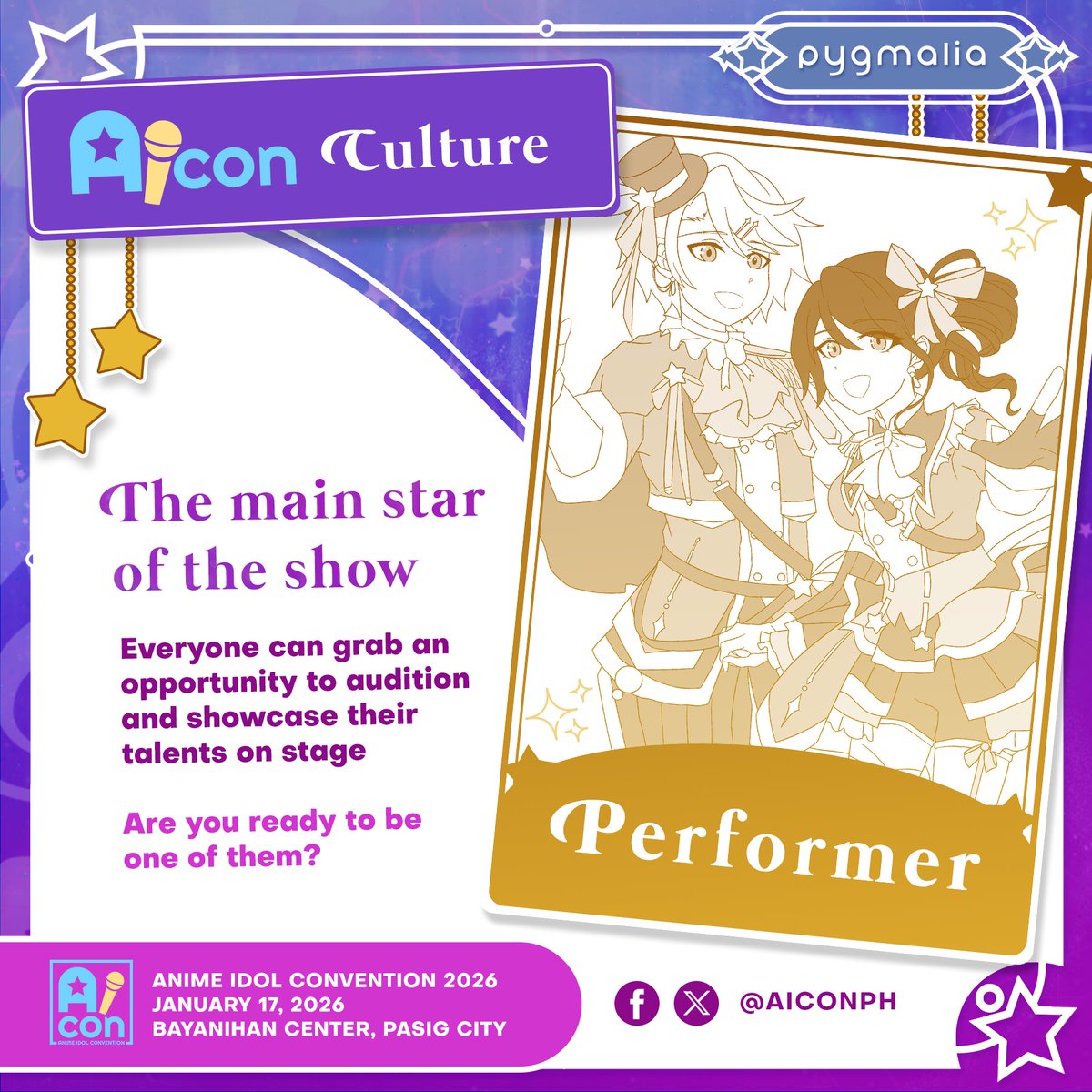 AIConPH's tweet image. The Performers are the main stars of the show!🌟

With a touch of magic, charm, and talent.

EVERYONE can be an idol in AICon 2026!

Auditions are about to begin, so stay tuned for further announcements! 🌟

#AnimeIdolConvention2026
#AIConPH #AICon2026 #AIConPH202