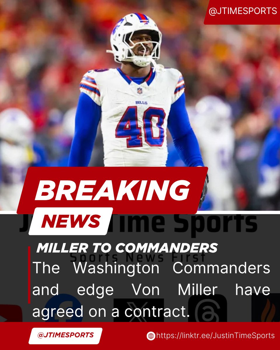 BREAKING: The Washington Commanders and edge Von Miller have agreed on a contract. The 8x Pro Bowler will sign a one year contract with a team that is one of the hottest from last season and made several high profile moves this offseason. #NFL